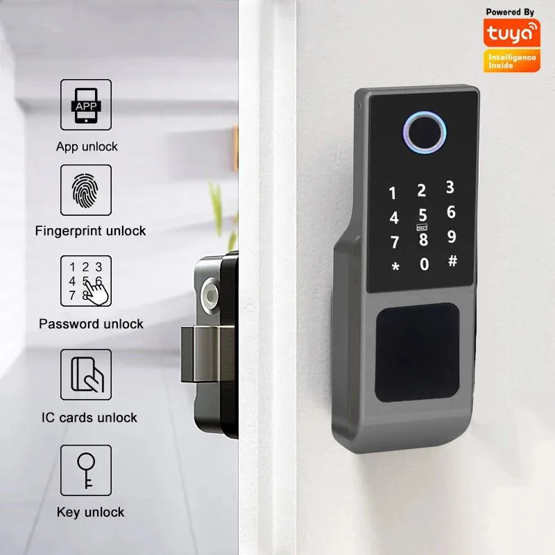Waterproof Tuya Wifi Smart Rim Lock with Remote Control Fingerprint and Mechanical Key Unlocking Way for Apartment Office School