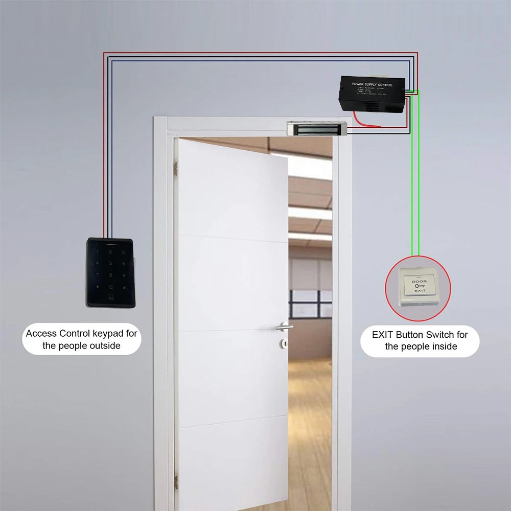 Access Control System Kit with Fingerprint Access Controller 280kg Electric Magnetic Lock 110-240V AC Power Supply EXIT Button
