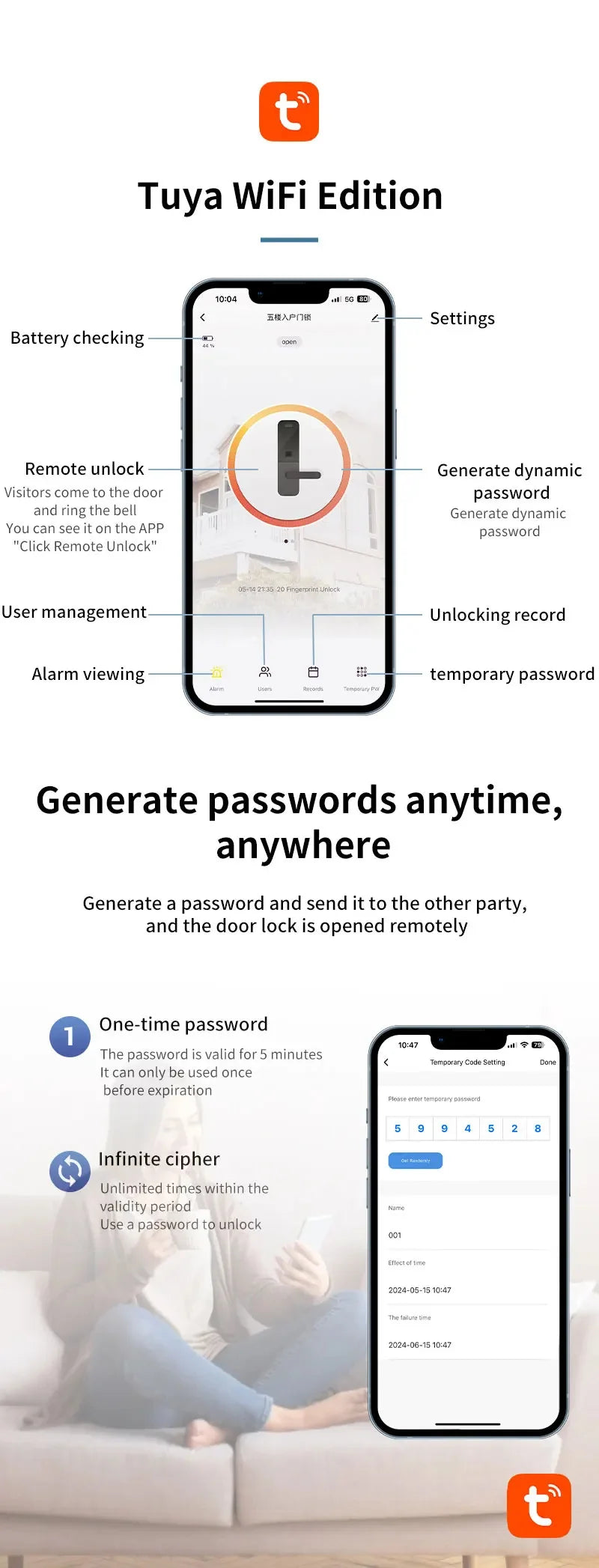 Aluminum Water Proof TT Lock Home Smart Control Wifi Smart Door Lock Smart Digital Lock Safe for Home Hotel Office School