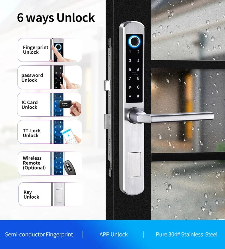 Waterproof Smart Handle Lock Stainless Steel Unlock Way TT Lock Fingerprint Passcode IC Card Key for Home Hotel Office School
