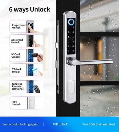 Waterproof Smart Handle Lock Stainless Steel Unlock Way TT Lock Fingerprint Passcode IC Card Key for Home Hotel Office School