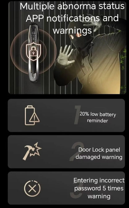 Tuya Wifi Smart Lock for Wood Door 3D Face & Fingerprint Recognition Aluminum Alloy with Memory Card Storage Option