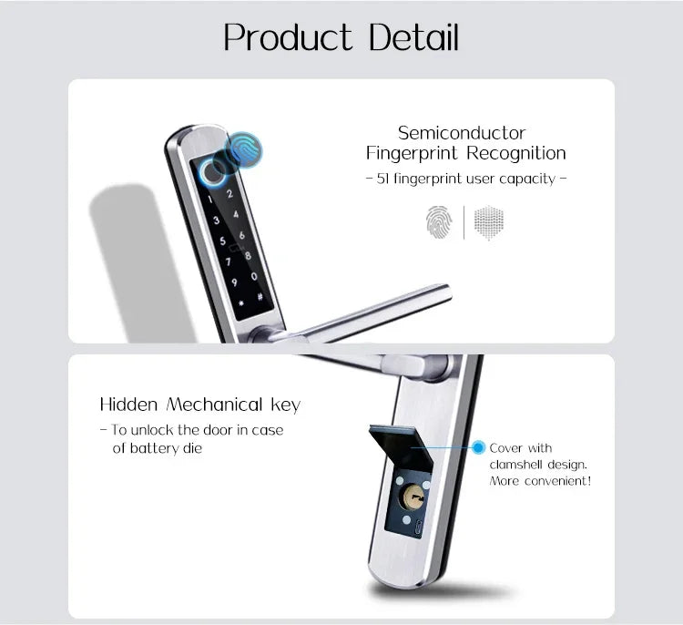 Waterproof Smart Handle Lock Stainless Steel Unlock Way TT Lock Fingerprint Passcode IC Card Key for Home Hotel Office School