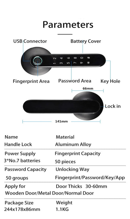 Handle Smart Lock for Inner Door with Unlock Ways Biometric Fingerprint Password TUYA APP Keyless