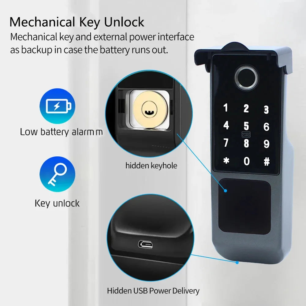 Waterproof Tuya Wifi Smart Rim Lock with Remote Control Fingerprint and Mechanical Key Unlocking Way for Apartment Office School