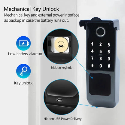 Waterproof Tuya Wifi Smart Rim Lock with Remote Control Fingerprint and Mechanical Key Unlocking Way for Apartment Office School