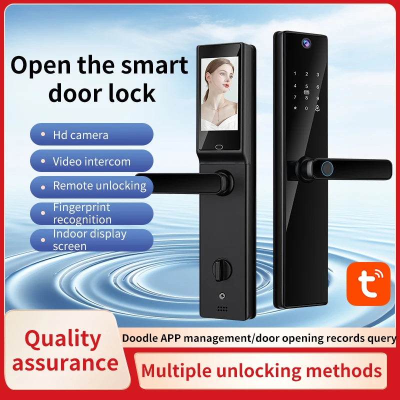 Smart Handle Lock for Wood Door with Camera Screen Video Intercom Door Bell Tuya Wifi Fingerprint Card Code TDM-S03