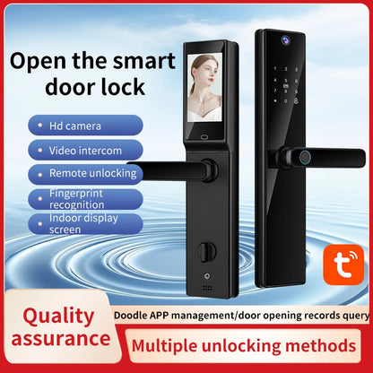 Smart Handle Lock for Wood Door with Camera Screen Video Intercom Door Bell Tuya Wifi Fingerprint Card Code TDM-S03