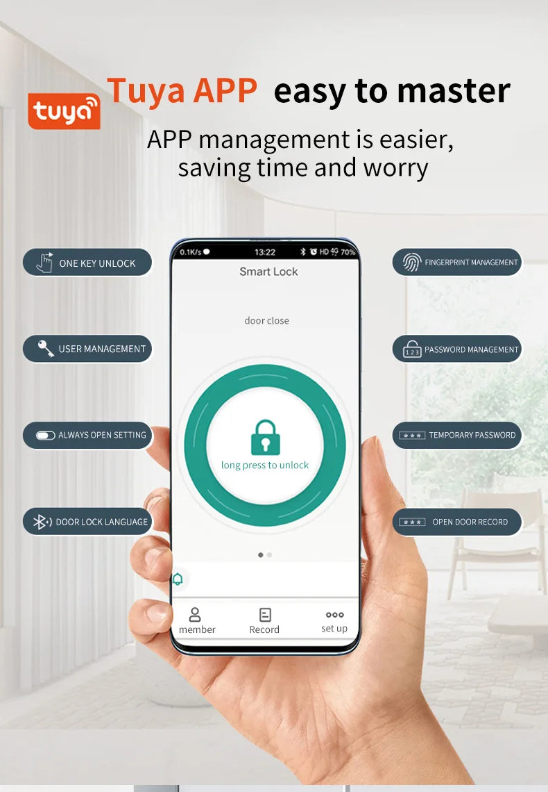 Smart Lock with Handle Zinc Alloy Material Unlock Way TUYA APP Fingerprint Passcode IC Card Key for Home Hotel Office School