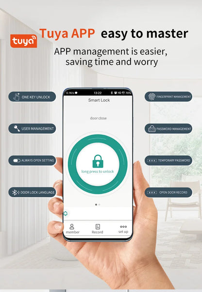 Smart Lock with Handle Zinc Alloy Material Unlock Way TUYA APP Fingerprint Passcode IC Card Key for Home Hotel Office School