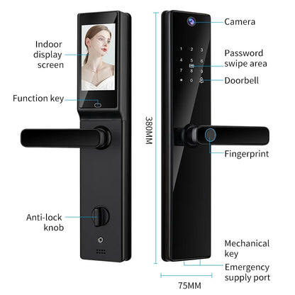 Smart Handle Lock for Wood Door with Camera Screen Video Intercom Door Bell Tuya Wifi Fingerprint Card Code TDM-S03