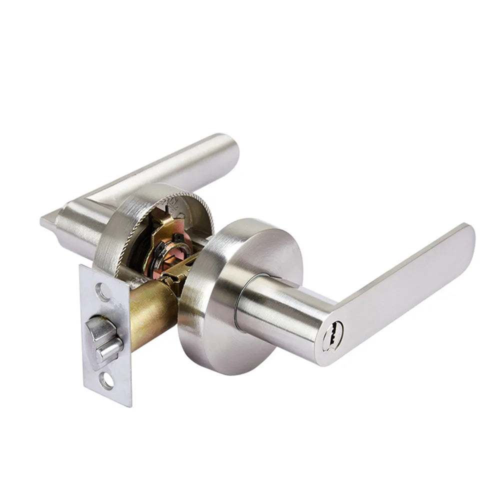 Satin Nickel Exterior Door Handle Lock Zinc Alloy Handle Lock Set Door Lever Lock for Toilet Room Wash Bath Closet Store Room