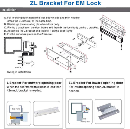 ZL Shaped Bracket for 280kg/600lbs or 180KG/350lbs Electromagnetic Lock EM Lock for Door Access Controller System