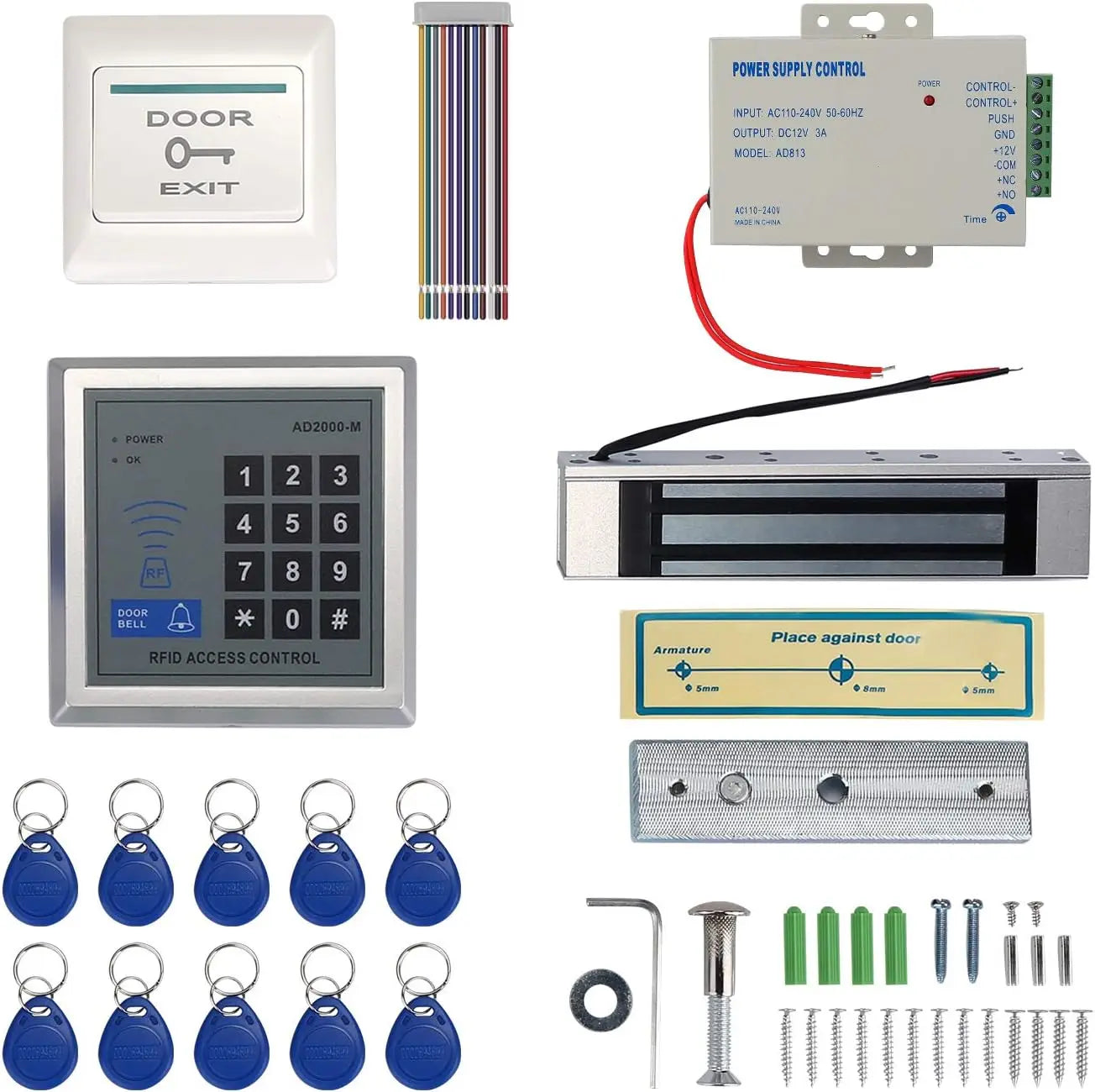 Access Control System Kit with 280kg Electric Magnetic Lock 110-240V AC to 12v DC 3A 36w Power Supply Entry Keypad EXIT Button