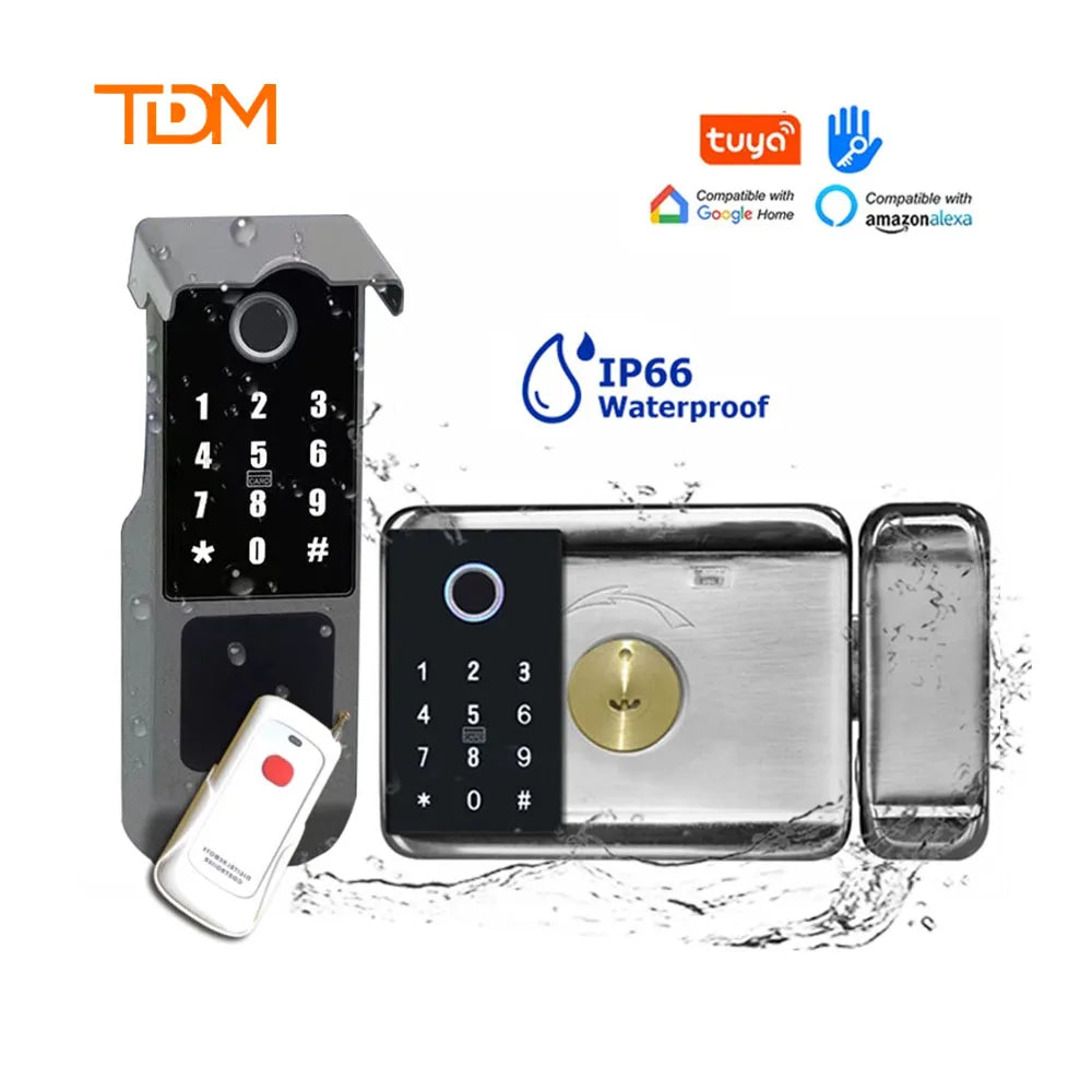 Waterproof Tuya Wifi Smart Rim Lock with Remote Control Fingerprint and Mechanical Key Unlocking Way for Apartment Office School