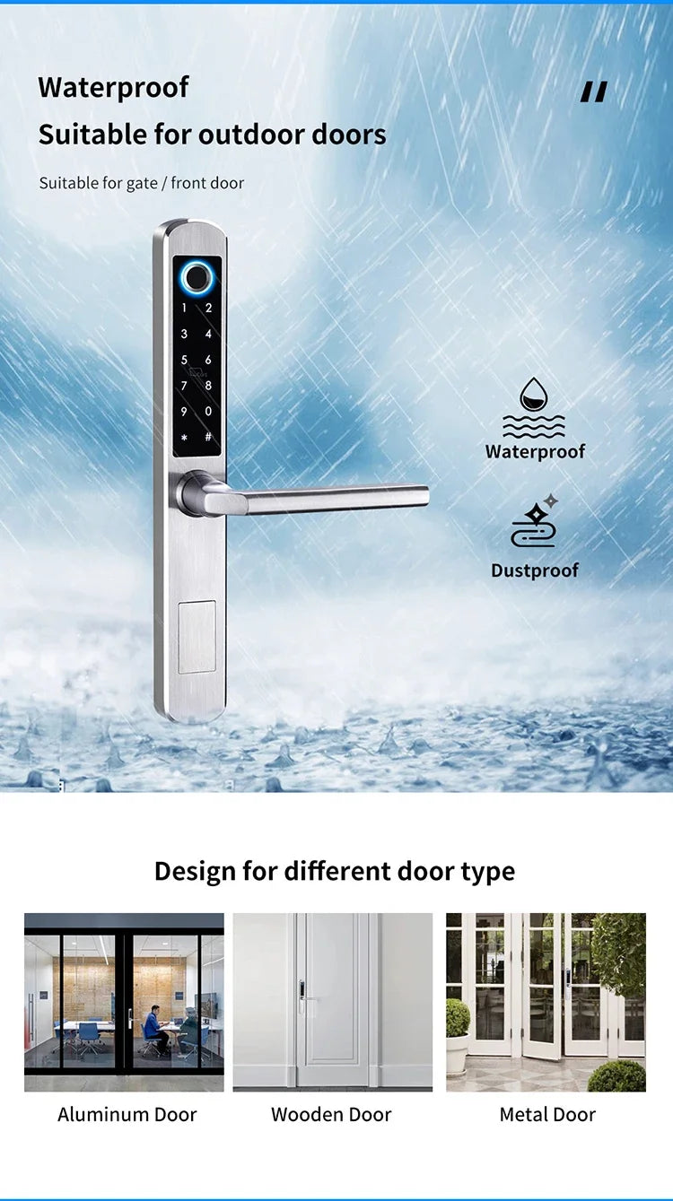 Waterproof Smart Handle Lock Stainless Steel Unlock Way TT Lock Fingerprint Passcode IC Card Key for Home Hotel Office School